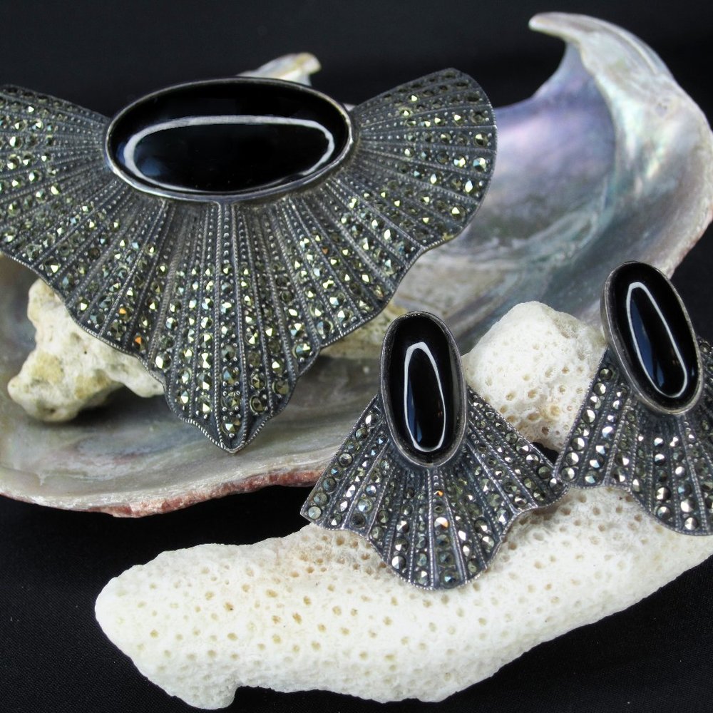 Stunning silver, onyx, & marcasite set! Judith Jack Art Deco brooch & earrings